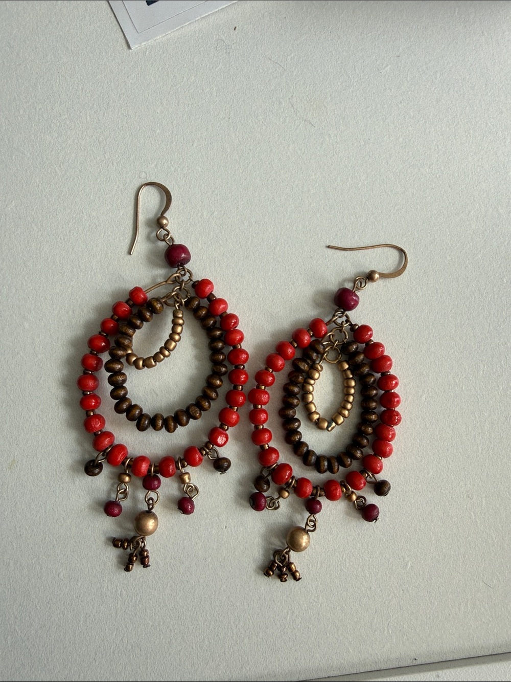 Source Unknown Red Beaded Hoop Earrings with Brass Accents